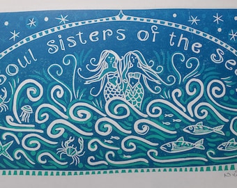 Soul Sisters An original reduction linocut print. Limited edition of 7.