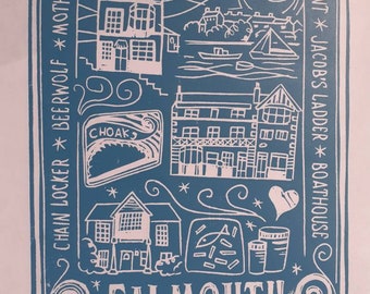 A Falmouth Wander -  original linocut in a beautiful blue grey. A wander round some fabulous Falmouth pubs with a pasty or fish and chips.