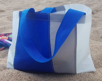 Zeildoek Tote Bag, Sail Nautical Bag, Sail Cloth Bag, Sail Bag, Beach Bag, Gestreepte Tas, Blauwe en Grijze Tote Bag