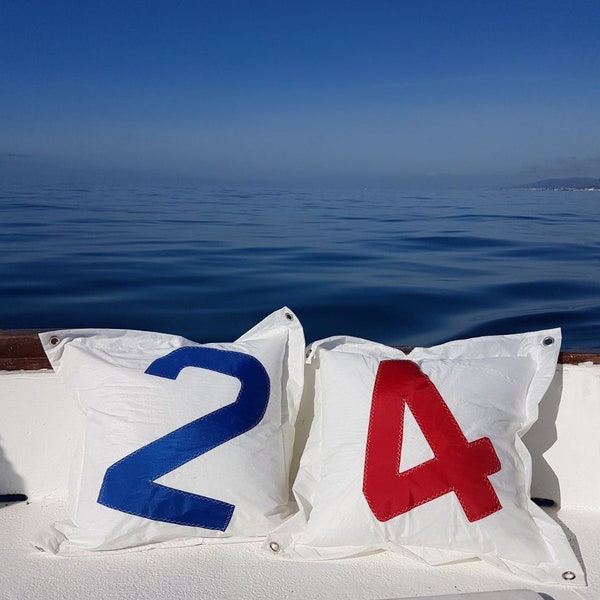 Sail Pillow, Sail Insignia Cover Pillow, Sailcloth Pillow, Boat Sail Cushion, Number Pillow, Boat Pillow, Gift for Sailors, Gift for Boat