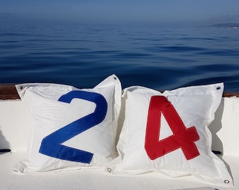 Sail Pillow, Sail Insignia Cover Pillow, Sailcloth Pillow, Boat Sail Cushion, Number Pillow, Boat Pillow, White Pillow