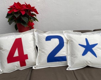 Handmade Nautical Sailcloth Pillow Cover: Personalized Number Cushion, Sail Fabric Pillow, Nautical Sail Cushion