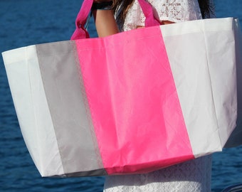 Sail Nautical Bag, Sail Tote Bag, Large Beach Bag, Sail Bag, Sailcloth Handbag, Striped Bag, Pink and Grey Stripes Tote Bag