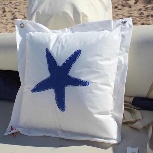 Oreiller de voile décoratif, oreiller étoile en toile à voile, coussin de terrasse maritime, coussin personnalisé, coussin côtier, oreiller bleu étoile nautique