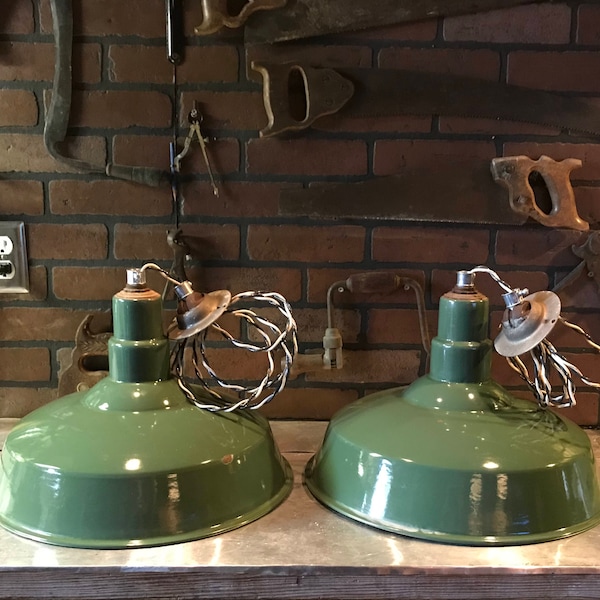 Pair of Industrial Light Fixtures, 16", Green Enamel-ware, Vintage, re-wired, Over-all good condition, some chips and repair, #3