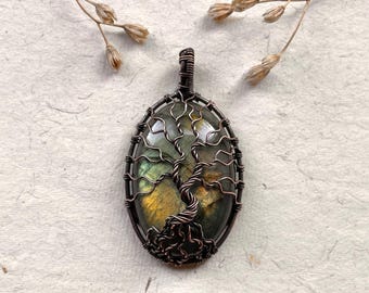 Handmade Tree of Life Labradorite Pendant, Wire Wrapped Copper Talisman