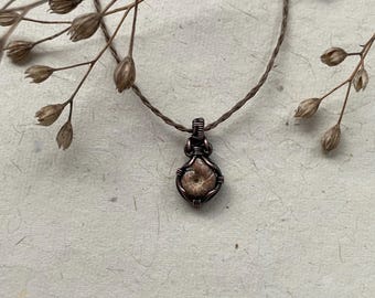 Raw ammonite fossil necklace . ancient wisdom keeper talisman handmade . spiral snail earth art . wire wrapped pendant . pure copper wire