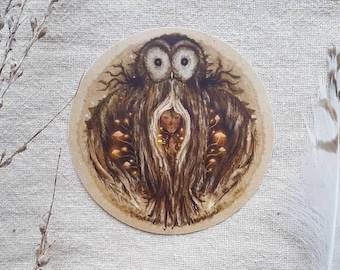 Sticker wisdom owl elders medicine painting • mushroom forest spirit animal illustration fine art print hahnemühle paper • ink watercolor