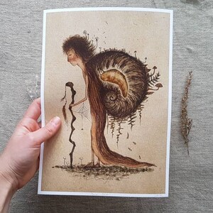 May include: A brown and white illustration of a person with a large, swirling, brown shell on their back. The person is holding a long, thin, brown stick. The background is a light brown color.