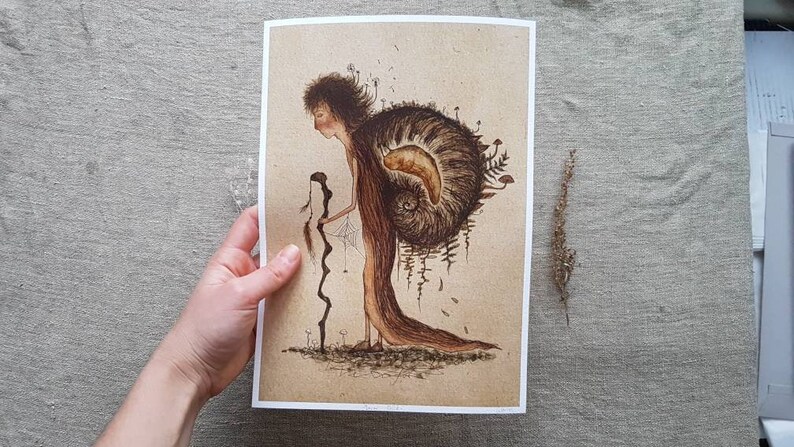 May include: A brown and white illustration of a person with a large, swirling, brown shell on their back. The person is holding a long, thin, brown stick. The background is a light brown color.