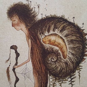 May include: A watercolor illustration of a person with long brown hair and a snail shell on their back. The snail shell is filled with a forest scene with mushrooms and ferns. The person is holding a stick with feathers attached to it.