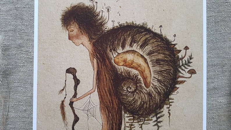 May include: A watercolor illustration of a person with long brown hair and a snail shell on their back. The snail shell is filled with a forest scene with mushrooms and ferns. The person is holding a stick with feathers attached to it.