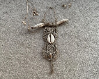 Micro Macrame Wall Hanger: Tussah Silk, Cowrie Shell Earth Art