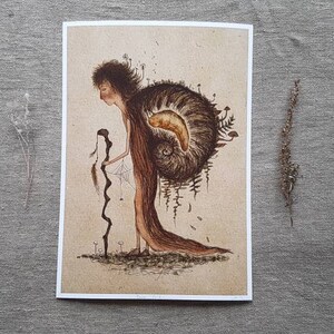 May include: A brown and white illustration of a person with long hair and a shell on their back. The person is holding a long, twisted stick. The background is a light brown color.