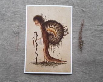 Inner child snail house illustration • forest wander spirit animal • fine art print hahnemühle paper • ink watercolor • peaceful childs book