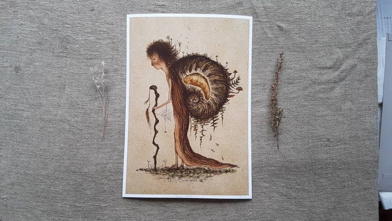 May include: A brown and white illustration of a person with long hair and a shell on their back. The person is holding a long, twisted stick. The background is a light brown color.