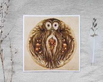 Wisdom owl elders medicine altar painting • mushroom forest spirit animal illustration fine art print hahnemühle paper • ink watercolor