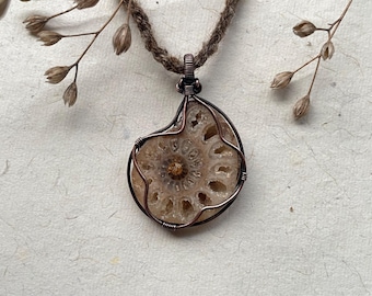 Raw ammonite fossil necklace . raw tussah silk  wisdom keeper talisman . spiral snail earth art . wire wrapped pendant . pure copper wire