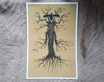 Forest Elder Tree Print • Raven Spirit, Watercolor Ink Art