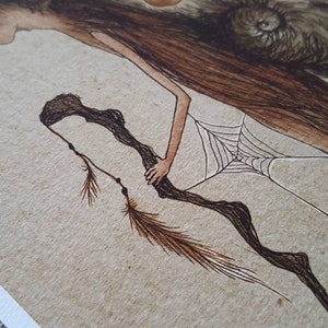 May include: A watercolor illustration of a woman with long brown hair, holding a branch with a spider web hanging from it. The woman is wearing a brown dress and has a snail on her back. The background is a light brown color.