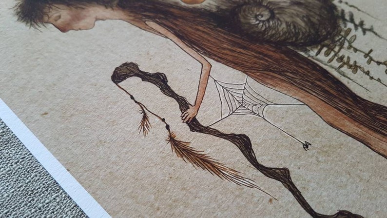 May include: A watercolor illustration of a woman with long brown hair, holding a branch with a spider web hanging from it. The woman is wearing a brown dress and has a snail on her back. The background is a light brown color.