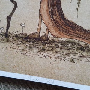 May include: A black and white ink drawing of a tree-like figure with a long flowing skirt. The figure is standing on a bed of leaves and mushrooms. The text "Inner Child" is written at the bottom of the image.