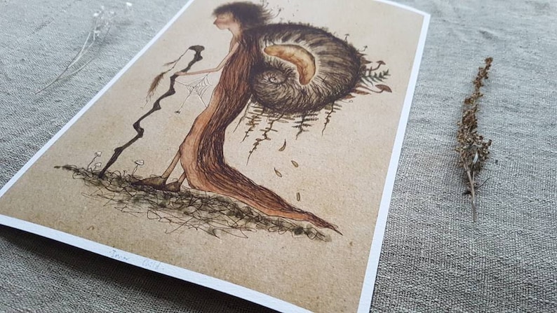 May include: A whimsical illustration of a figure with a long, flowing dress and a large shell on their back. The figure is holding a long, thin stick and is walking through a forest. The illustration is done in brown and black ink on a beige background.