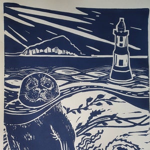 Seal Lino print, Penmon Lighthouse print, sea life lino cut, ocean illustration, handmade print, seal illustration, seal wall art, seal art