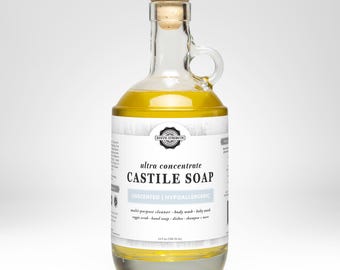 Castile Soap | Unscented  | Ultra Concentrated | Versatile Multi-Purpose Cleaner | Made with Organic Oils & Aloe | 24 oz Glass Jug