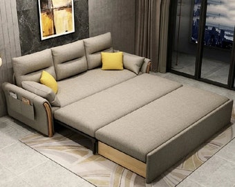 Handmade multifunctional folding fabric sofa, solid wood sliding sofa bed, Nordic three-seat sofa 1.8M, convertible sofa bed.