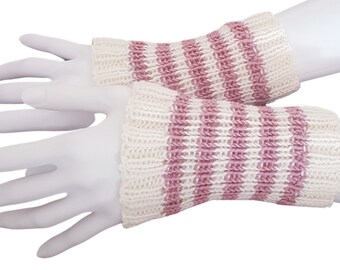 Wrist warmers 100% merino wool, hand-knitted, cream-white, antique pink, striped - ladies - one size - hand-knitted - model 55