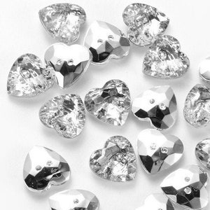 20 heart buttons 11 mm (0.43 inch) rhinestone transparent silver acrylic