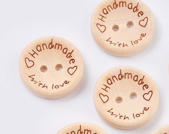 15 wooden buttons 20 mm (0.8 inch) round natural motif "Handmade with love"