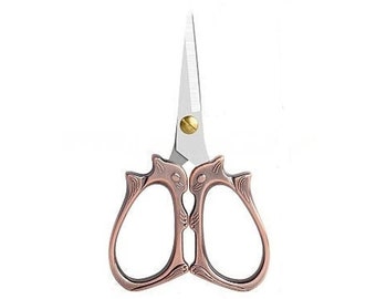 Stainless steel sewing scissors squirrel silver, copper red / retro style / 5.1 x 12 cm