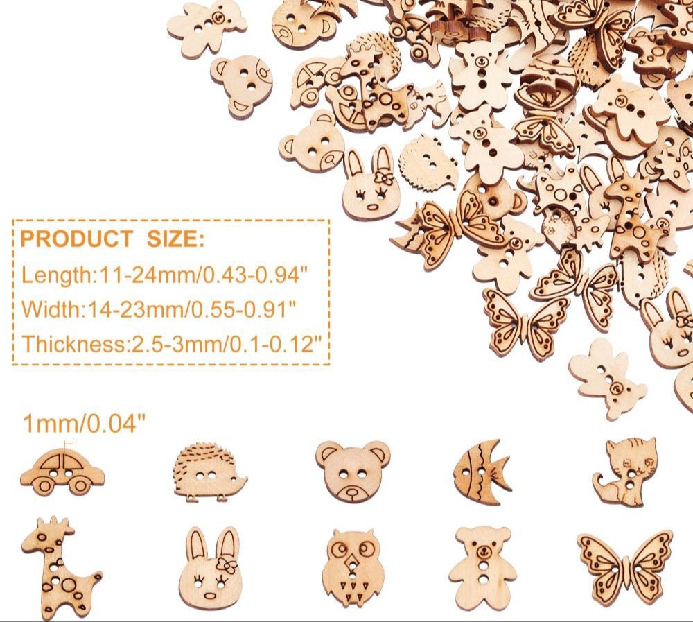 Wooden Buttons Mix 80 Pieces Animals Wood Natural 11 - 24 Mm (0.43 - 0. ...