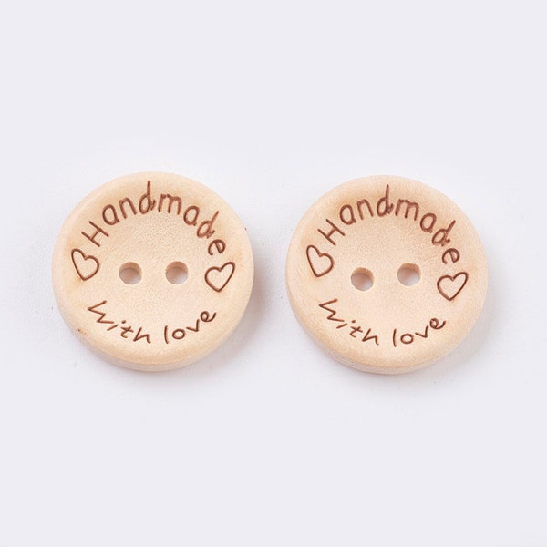 10 wooden buttons 25 mm (1 inch) round natural motif "Handmade with love"