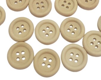 May include: A collection of 15 natural wood buttons with four holes each. The buttons are round and have a smooth, unfinished surface.