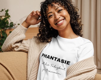 T-shirt ample femme avec inscription : "Fantasy is...", noir et blanc, coton, polyester (2024-01)