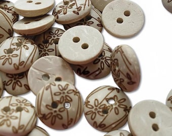 20 coconut buttons 11 mm (0.43 inch) round beige brown with floral pattern