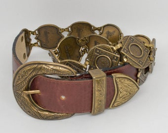 KUDOS Brown Leather Concho Belt - 80s Leather and Metal Medallion Belt - Vintage Spanish Brass Conchos - Vtg Canadian Leather Belt