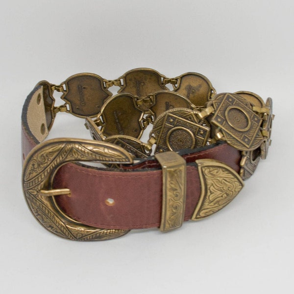 KUDOS Brown Leather Concho Belt - 80s Leather and Metal Medallion Belt - Vintage Spanish Brass Conchos - Vtg Canadian Leather Belt