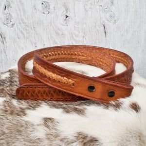 90s Tooled and Braided Leather Belt - Vintage Two Toned Leather Belt - 1990s Size 42 Leather Tooled Leather Belt - Two Toned Braided Leather