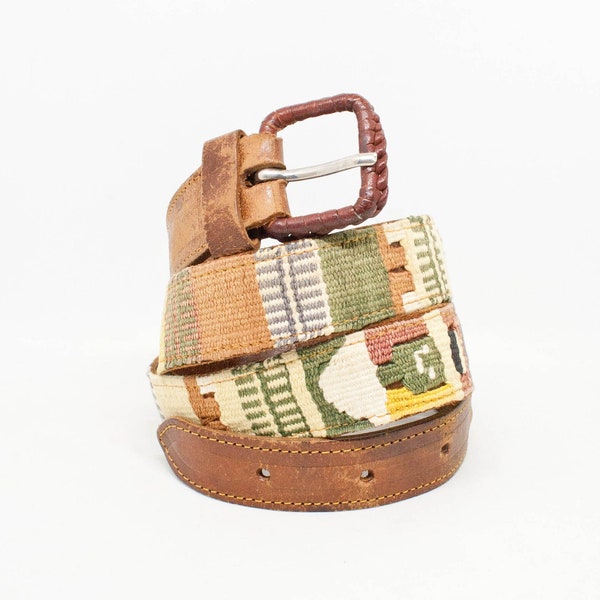 90er Jahre Gewebter Ledergürtel - SZ 32 - Guatemala Regenbogen Ledergürtel - Vintage Stoff gewickelter Gürtel - Bilder von kleinen Menschen - Mexikanischer Stil