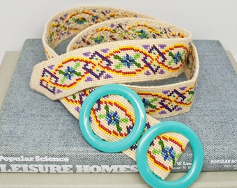 Fabric Cross stitch Belt - Vtg Needlepoint Belt - Vintage Rainbow Pattern Belt -  Boho Fashion - Festival Style - Summer Belt - Geometric