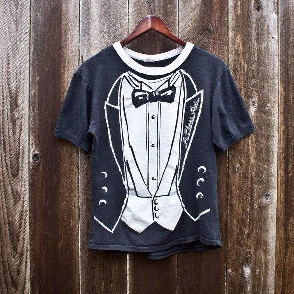 90s Tuxedo TShirt  - Vintage Novelty Tee - A class Act - Bowtie - Small - Medium - Large -