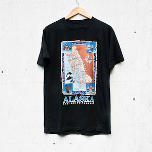 Camiseta de recuerdo de Alaska, Grande, Camiseta vintage con mapa de Alaska, Camiseta gráfica de los años 90, Puntada única, Como nueva, Camiseta negra