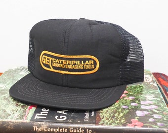 Black GET Caterpillar Hat - Vintage Snap Back Hat - Vtg Caterpillar Patch Hat - Adult One Size - CAT Patch - Black Yellow Trucker Cap
