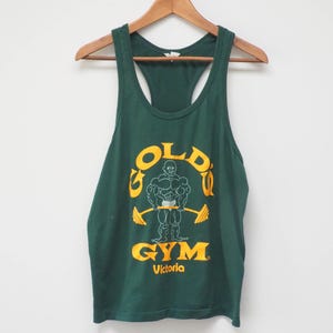 90s Gold&#39;s Gym Victoria Muscle Tank Top -  Gold&#39;s Gym Muscle Pit Tank Top - Green and Yellow Beach Top - Gold&#39;s Gym Victoria *Check Sizing
