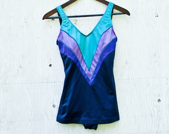 One Piece Bathing Suit - Blue Purple Playsuit - 80s Maillot Batten Swimsuit - Vintage Swimwear - 90s  Pin up Playsuit -