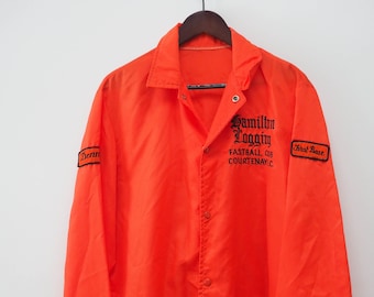Vtg Lightweight Button Up Coat - 2 Available - Hamilton Logging Fastball Club - Vtg Red Windbreaker - Donna or Denny Patches